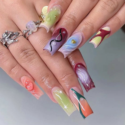 24Pcs Mid-length Square French Press on Nails Aurora Green Gradient False Nails 3D Butterfly Reusable Full Cover Fake Nails Tips