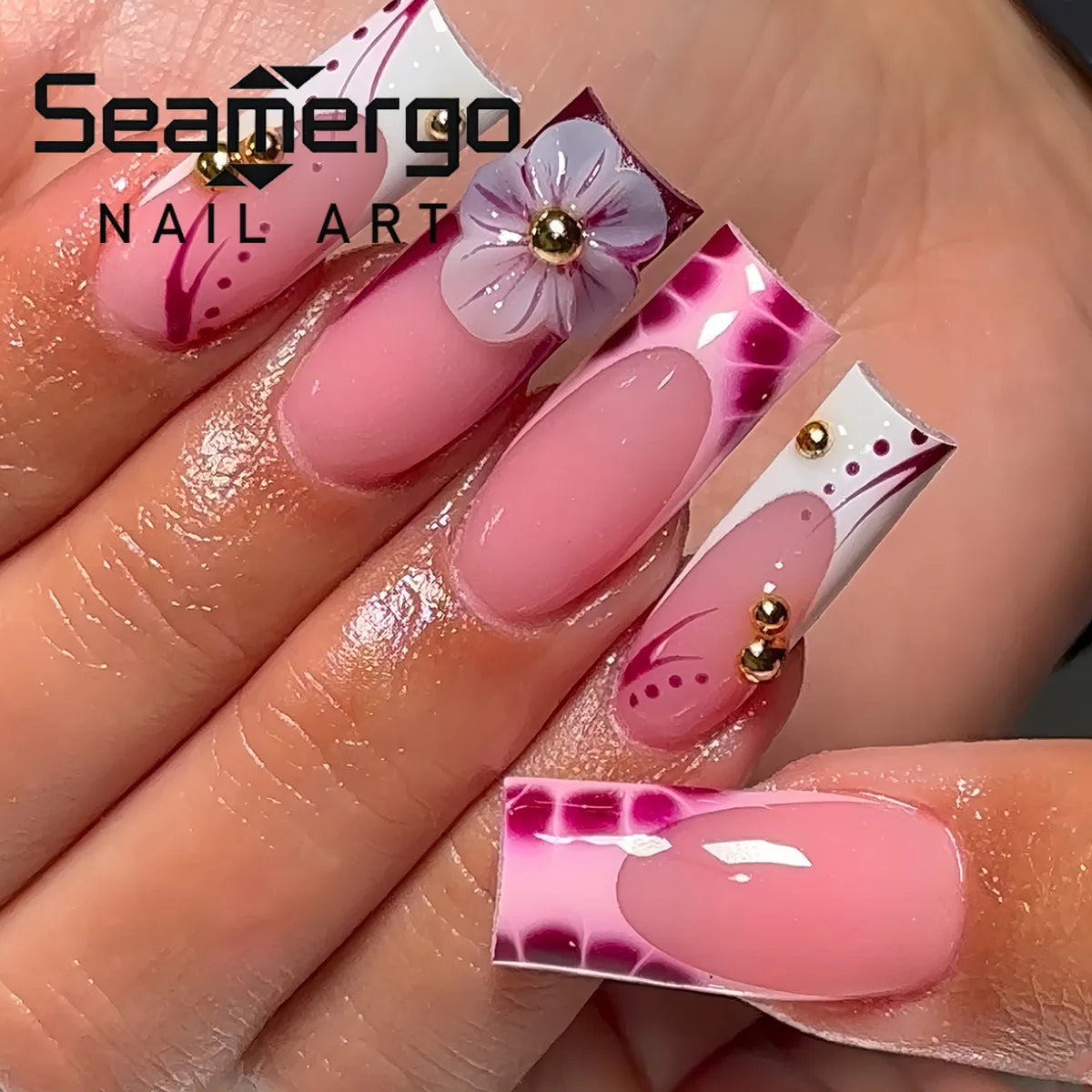 24PCS Medium To Long French White Border Fake Nails Sweet Flowers Broken Diamonds Nail Art Pieces Gold Bead Design False Nails