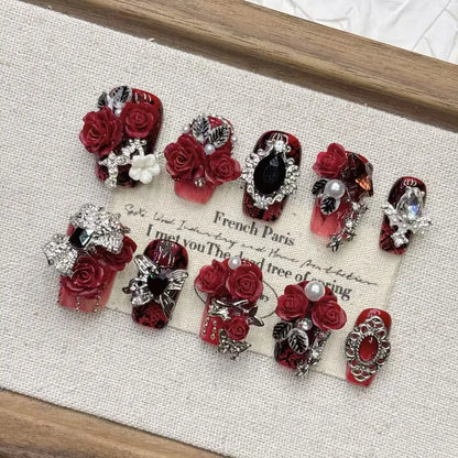 Gothic Red Rose Press On Nails With Rhinestones Metal Ornaments Pearls Multiple Sizes Red Black 3D Rose Rhinestones Design