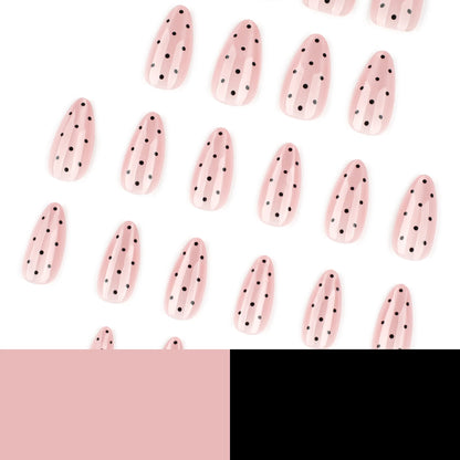 24pcs Pink Cat Eye Fake Nails with Black Dot Printed False Nails Full Cover Wearable Sweet Korean Almond Press On Nails Tips