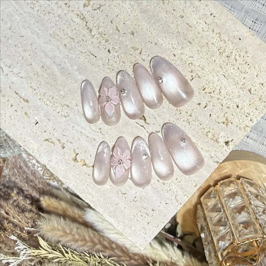 10Pcs Pink Sweet French Almond Handmade Fake Nails Tips Art Full Cover Cat Eye Glitter Simple Rhinestone Flowers Design Manicure