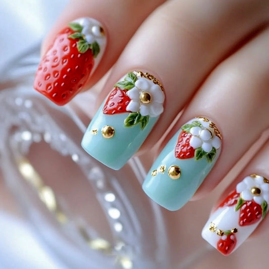 24Pcs Flower Green Leaf Press on Fake Nails Short Square Head False Nails Cute Dog Detachable Finished Full Cover Nails Tips Art
