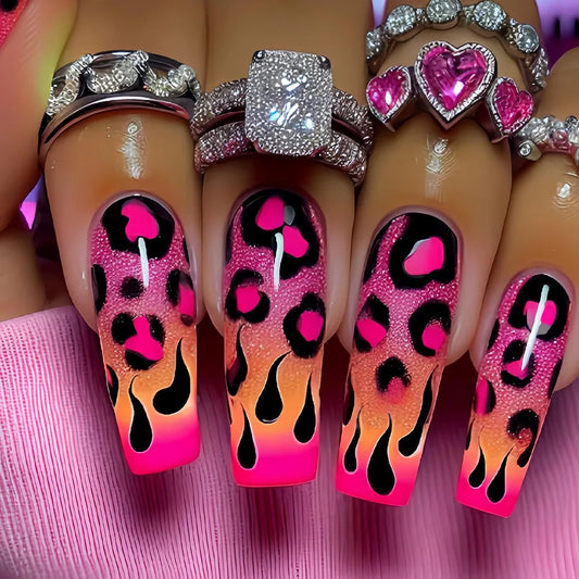 24pcs Finished Coffin Fake Nail Art Datachable Simple Leopard Print Design False Nail Sets Gradient French Press on Nails Tips