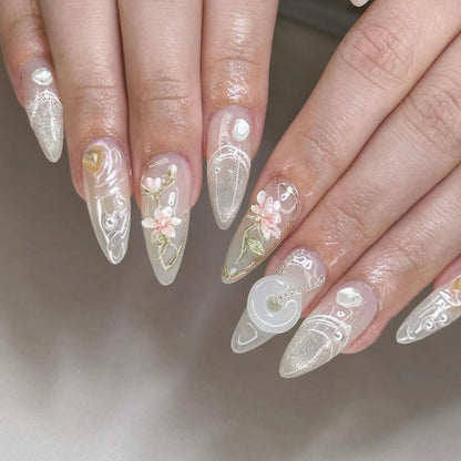 24Pcs Light Blue Smudge Fake Nails Press on Almond Gold Leaf Removable Long Full Cover Nail Tips Wearable Finished Nail Art