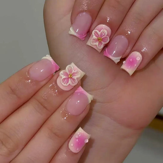24pcs Pink Short Square False Nails Art with Flower Pearl Design Fake Nail Tips Gradient Blush French Ballet Press on Nails Sets