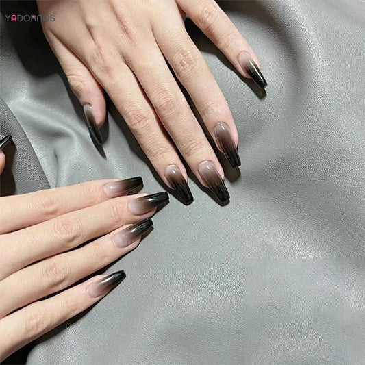 Gradient Black Fake Nails Long Ballerina Nails Press on Simple Full Cover False Nails Tips for Women Girls DIY Manicure 24Pcs