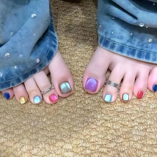 24Pcs Summer Fake Toenails Dopamine Color Glossy Cat's Eyes Press On Toe Nails Women and Girls DIY Manicure for Daily and Beach