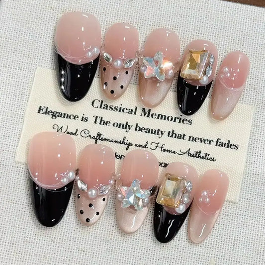 10Pcs Handmade Press on Fake Nails Full Cover Star Rhinestone Pearls Design Light Luxury French Detachable Finished False Nails