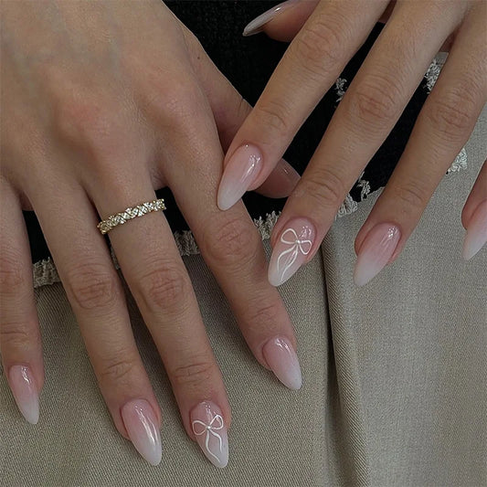 24Pcs Mid-length Almond Nails Set Press on With White Gradient French Design Fake Nails Pearl Reusable Finished False Nails Tips