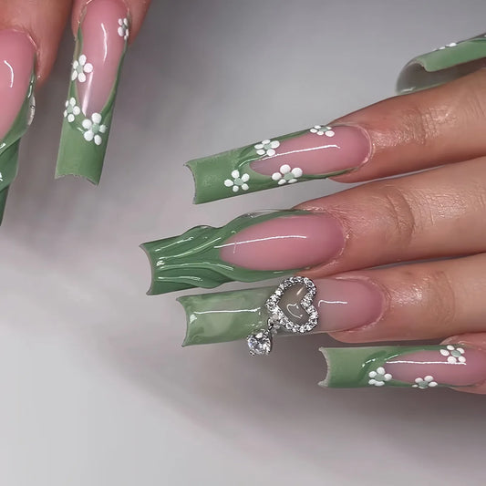 24pcs Sweet Wearable Nails Tips Green French Ballet Fake Nail Flower Pattern Long False Nail Sets Diamond Design Press on Nails