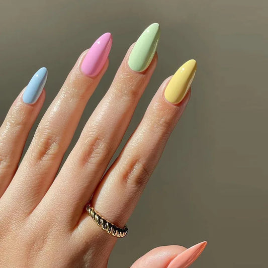 24pcs Wearable Full Cover Nail Tips Mid-length Oval Press on Nails Blue Smudge Design False Nails Sets Simple Almond Fake Nail