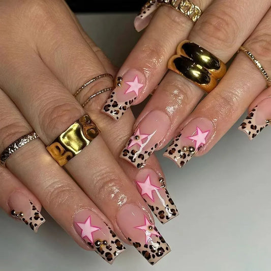 24Pcs Mid-length Square Head Nails Set Press on Leopard Print French Pink Star Fake Nails Detachable Full Cover False Nails Tips