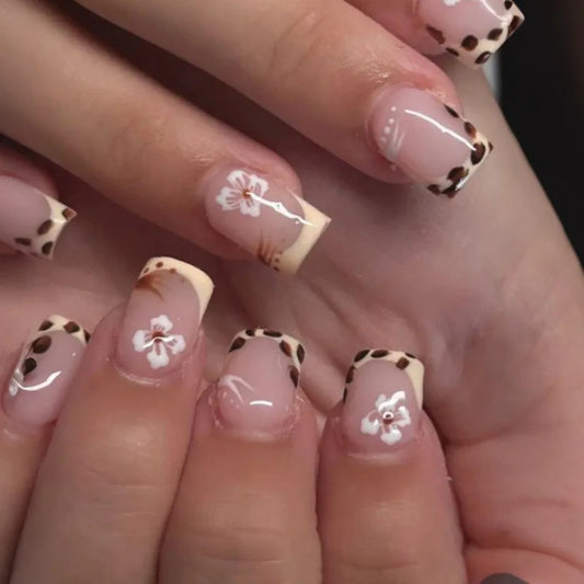 24pcs Leopard Print French Fake Nails Art Flower Design Pink Short Square False Nail Tips Wearable Press on Nails Sets Finished