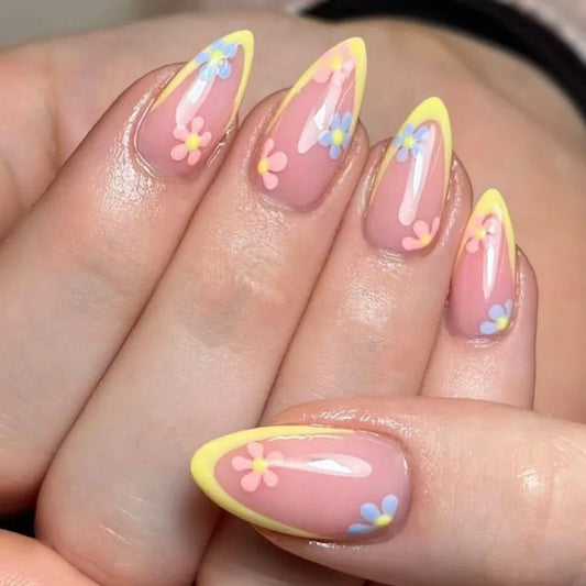 24pcs False Nails Almond with Flower Starlight Design Fake Nail Gradient French Long Press on Nails Finished Fashion Manicure