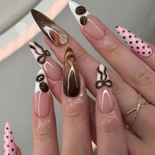 3D fake nails for women girls gradient brown blue pink polka dots star flowers coffee beans strips design press on false nail