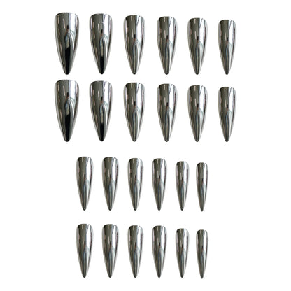 24pcs Punk Metal Fake Nails Press On Finished Long Pointed Silver Mirror y2k Nail Tips Full Cover Stiletto False Nails For Girl