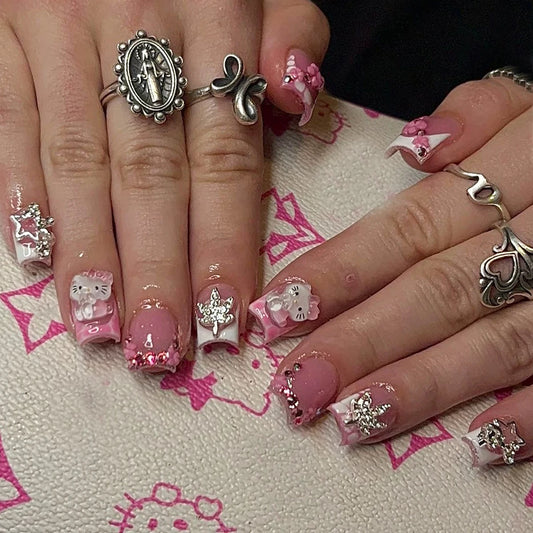 24Pcs Short Square Nail Alloy Pentagram Maple Leaf Nail Art Patch Stereo Cartoon Hellokitty Wear Armor