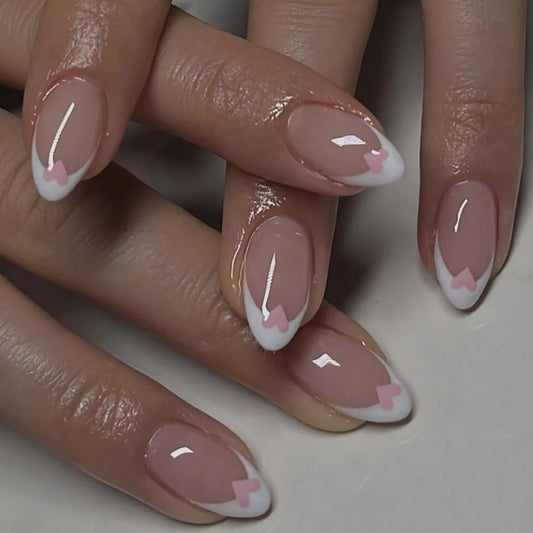 French Nude Pink Dark Red Edge Simple Round Fake Nails Art Almond False Nails Charms Glitter White Square Pointed Press on Nails
