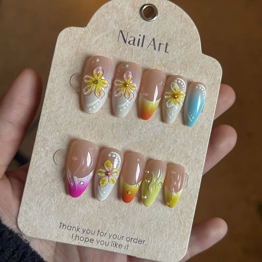 24PCS3D Yellow Flower Press on Nails Allmond French Gradient Blue Pink Yellow Style Sweet Colorful Summer Reusable False Nails