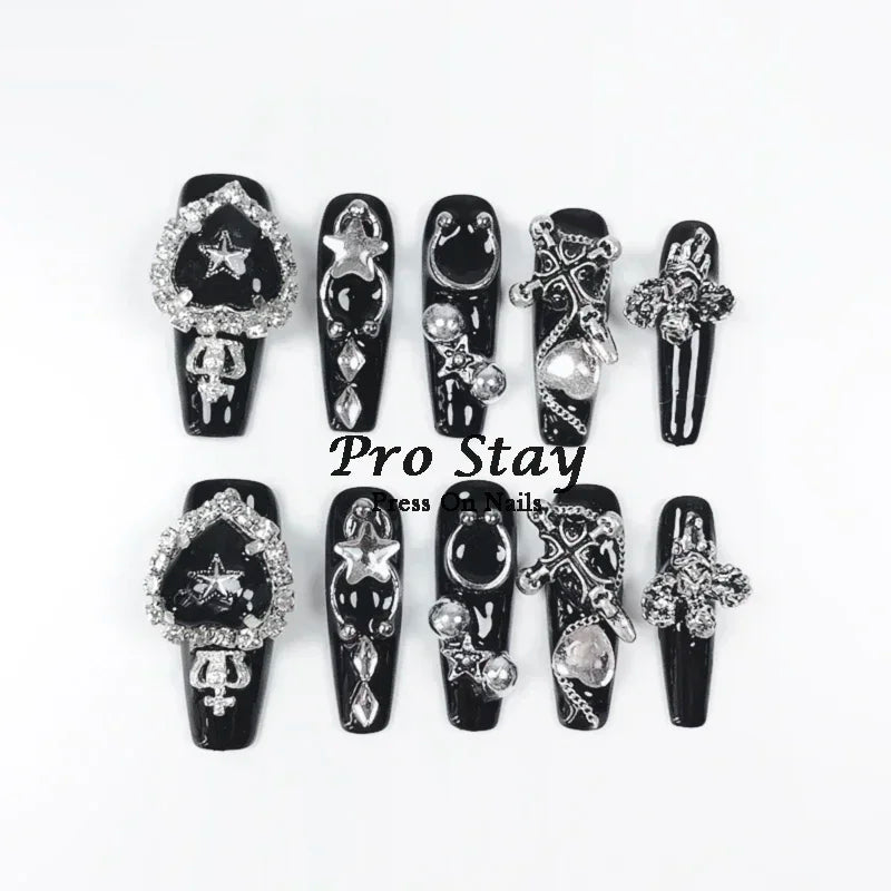 10pcs Dark Black Y2k Hot Girl Handmade Press On Nails Sweet Cool With Diamond Metal Decoration Wearable Artificial False Nail