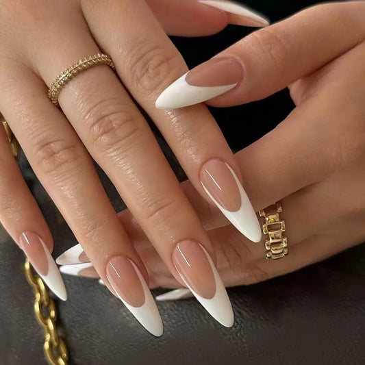 24Pcs Long French Almond Nails Set Press on Simple White Edge Design Fake Nails for Woman Detachable Full Cover False Nails Tips