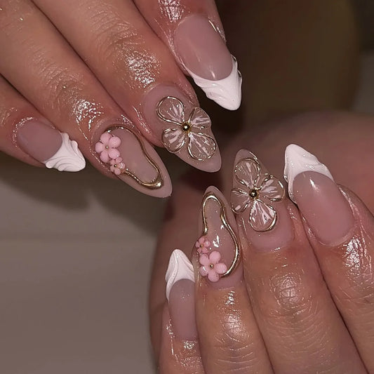 24pcs Simple White French Fake Nails Finished with Golden Flower Design Almond Nails Sets Wearable False Nail Tip Press on Nails