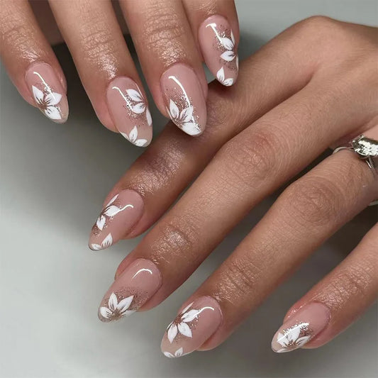 24Pcs Short Almond Press on Fake Nails White French Love Heart False Nail Shiny Powder Sequin Reusable Full Cover Nails Tips Art