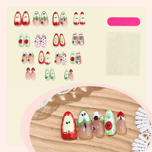 24PCS Cute Cartoon Red Apple False Nails Green Polka Dots Plaid Patterns French Fake Nails Tip Sweet Fruit Almond Nails Press On