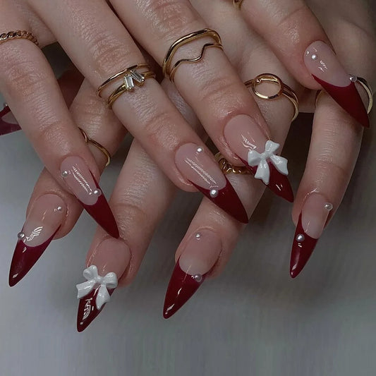 24pcs 3d Bow Red French Nail Tips False Nails Long Artificial  Fake Acrylic Nails with Design Press on Nails Art Almond Stiletto