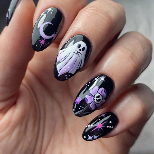 24Pcs Cute Ghost Fake Nails Long Almond Halloween Detachable Full Cover Nail Tips Press on Nails Finished Fingernails Nail Art