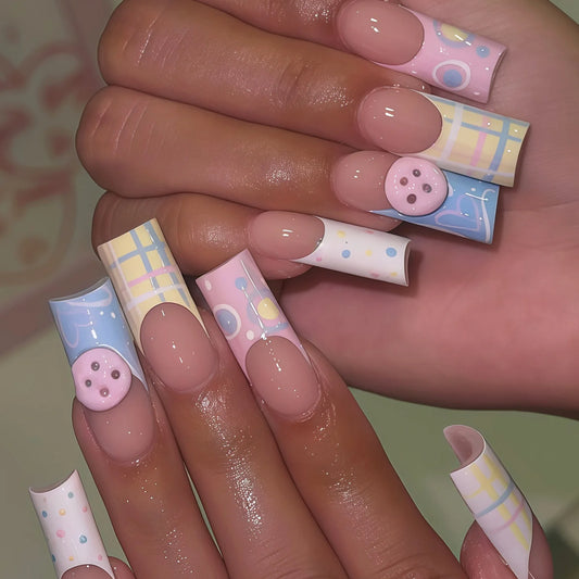 24pcs Sweet Pink Blue Plaid Press On Nails Cartoon Button Love Heart Pattern Fake Nails Long Square French Style False Nail