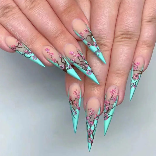24Pcs Long Stiletto Blue Edge French Press on Fake Nails Plum Blossom with Design False Nails Detachable Full Cover Nails Tips
