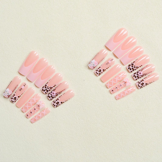 24Pcs Long Ballet Shape Nail Pink Leopard French Nail Art Patch Stereo Bow Pink Five-Petal Flower Ballet Style Fake Nail