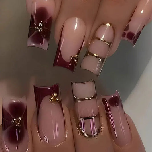 24Pcs Retro Flower Long Coffin French Fake Nails Caviar Bead Floral Gold Hollow Design Press On Nail Tips Y2k Acrylic False Nail