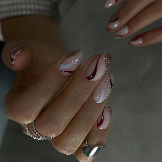24pcs Brown White Stripe Press on Nails Simple Short Almond False Nails Tips Round Head Fake Nail Reusable French Stick on Nail