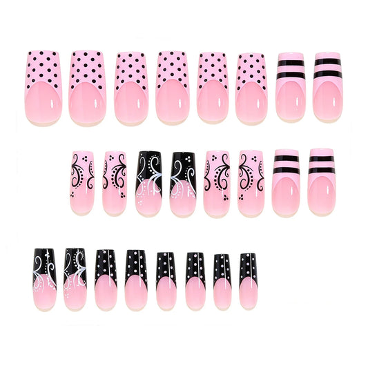 24PCS Y2k French Press on Nails Sweet Punk Vine Striped Pink Black French Polka Dot Press On Nails Square Wearable Nail Tip