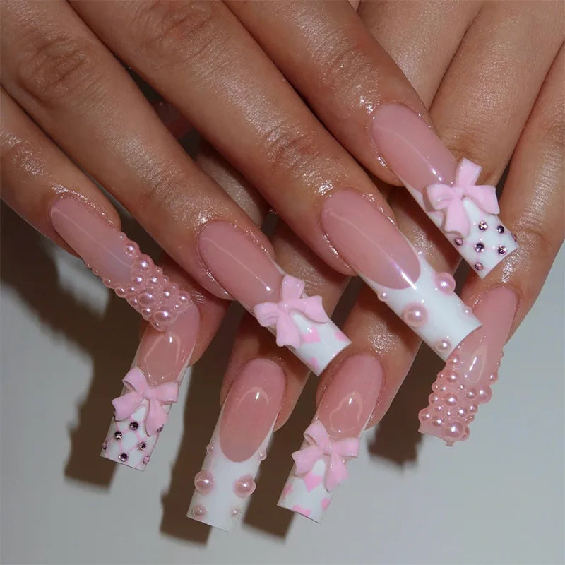 24Pcs Pink Long Ballet Coffin False Nails Butterfly Flower with French Design Wearable Fake Nails Glitter Press on Nail Tips Art
