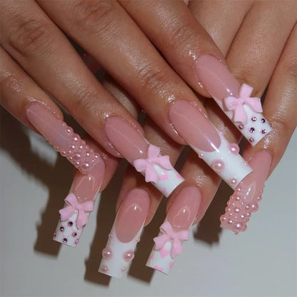 24Pcs Pink Long Ballet Coffin False Nails Butterfly Flower with French Design Wearable Fake Nails Glitter Press on Nail Tips Art