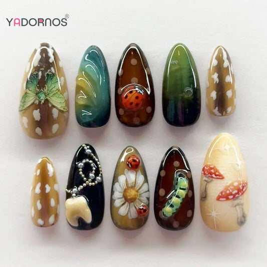 24pcs Ins Forest Style Press On Nails Butterfly Mushroon Flower Polka Dot Designs False Nails Vintage Almond Fake Nail For Women