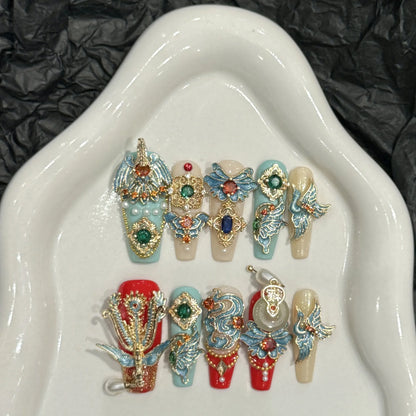10pcs Chinese Retro Handmade False Nails Luxury Dragon Phoenix Colorful Diamond Gold Chain Decor Press On Nails Charms Manicure