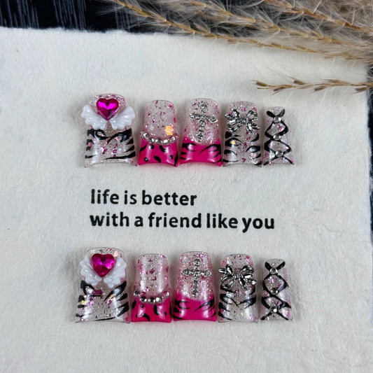 10pcs high-end Sweet and cool girl style, hand-painted zebra pattern, vibrant graffiti, shiny sparkly diamonds handmade fake