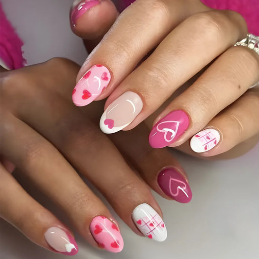 24pcs Sweet Full Cover Oval Nail Art Pink Love Stripe Pattern Press on Nails Tip French Almond Fake Nail Envelope False Nail Set