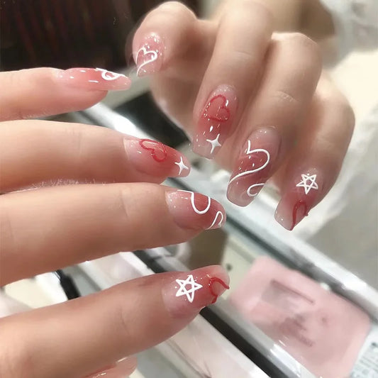 24Pcs Stripes Heart Pentagram Decoration Press on Nails Pink Gradient Ballet Square Head Nail Tips Art Detachable Nail Stickers