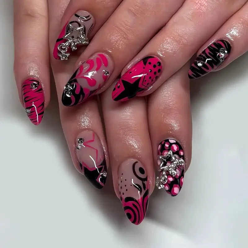 24pcs Almond Fake Nails Art Sweet Star Pattern Rhinestone Design Full Cover Nail Tips False Nail Black Pink Press on Nails Sets