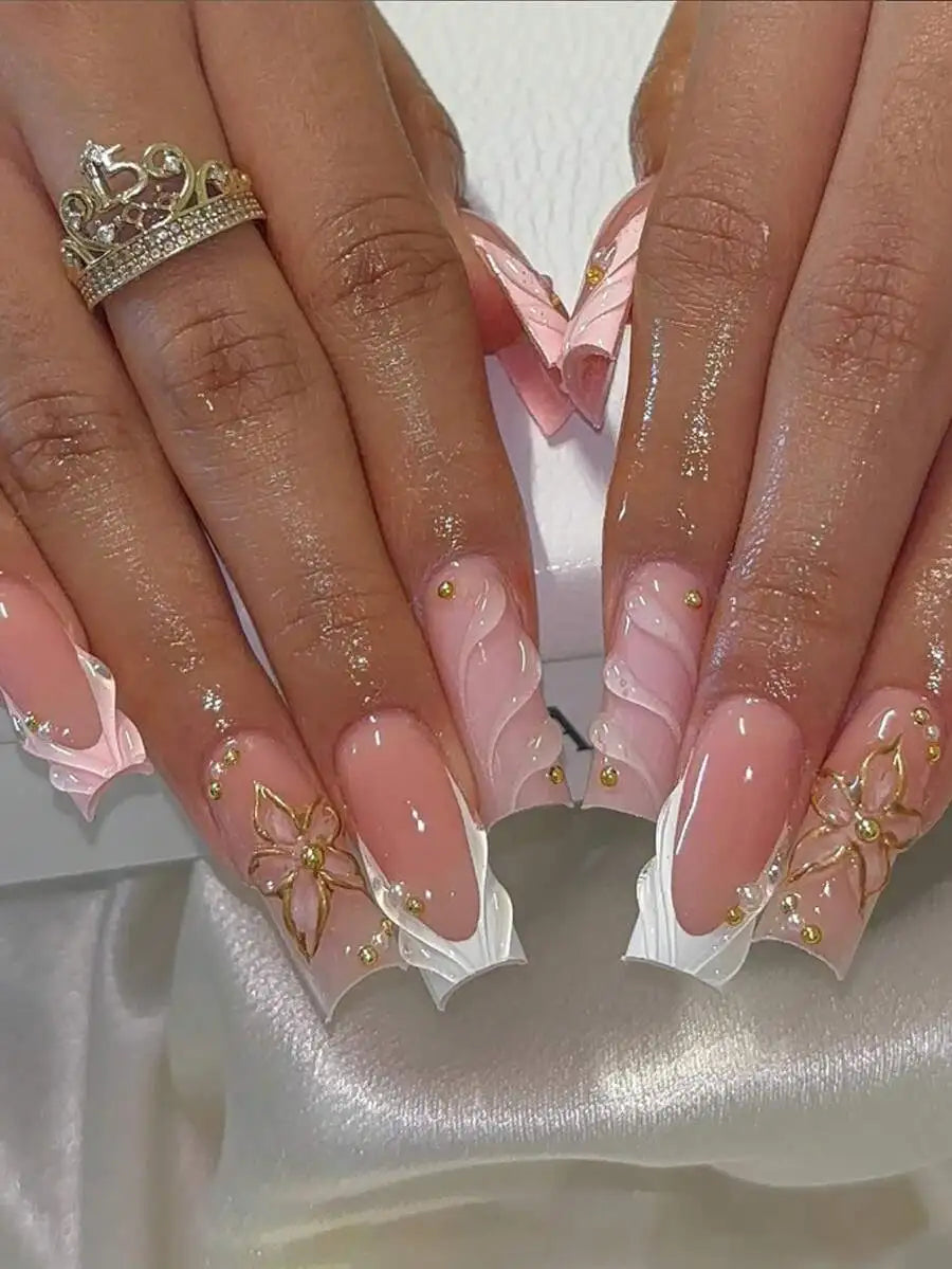 24pcs/Set Y2K French Medium Length Nail Tips, Sweet 3D Pink Flower & Wavy Design With Golden Beads Accent, Press-On Artificial
