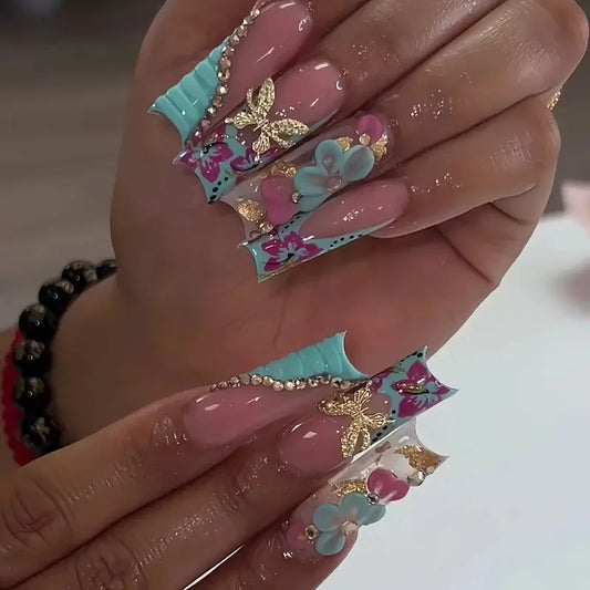 24Pcs Wearable Colorful Butterfly Designs French Press on Nails Long Ballet False Nails with Rhinestone Acrylic Fake Nails Tips