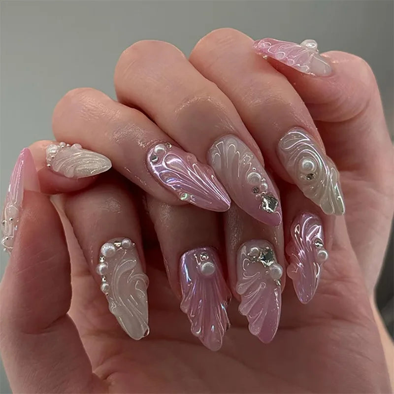 24pcs Long Almond Press on Nails Gold Bow Fake Nails Cherry Pattern False Nail Artificial Tips Накладные Ногти Uñas Postizas 네일팁