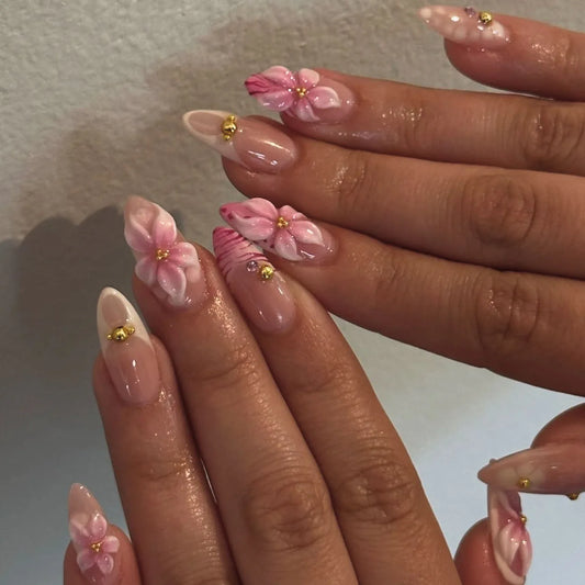 24pcs Pink Almond False Nails Press on Wearable Sweet Flower Nails Tips Pearl Design Mid-length Fake Nail Rhinestone Manicure
