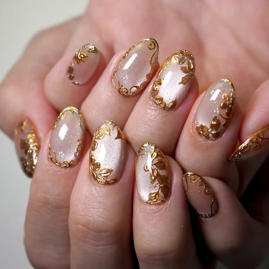 24pcs French Glitter Almond False Nails Press on Datachable Flower Stick on Nails Tips with Golden Lines Design Short Fake Nail