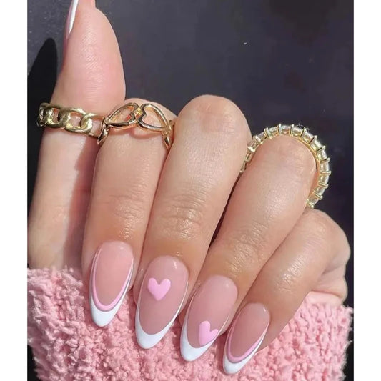 24Pcs Summer French Press on Nails Mid-length Oval Almond Nail Tools Full Cover Pink Flowers Designs Wearable Finished Nail Tips